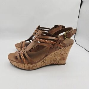 Franco Sarto Wedge Platform Sandal Women 6.5 Brown Strappy Open Toe Faux Leather